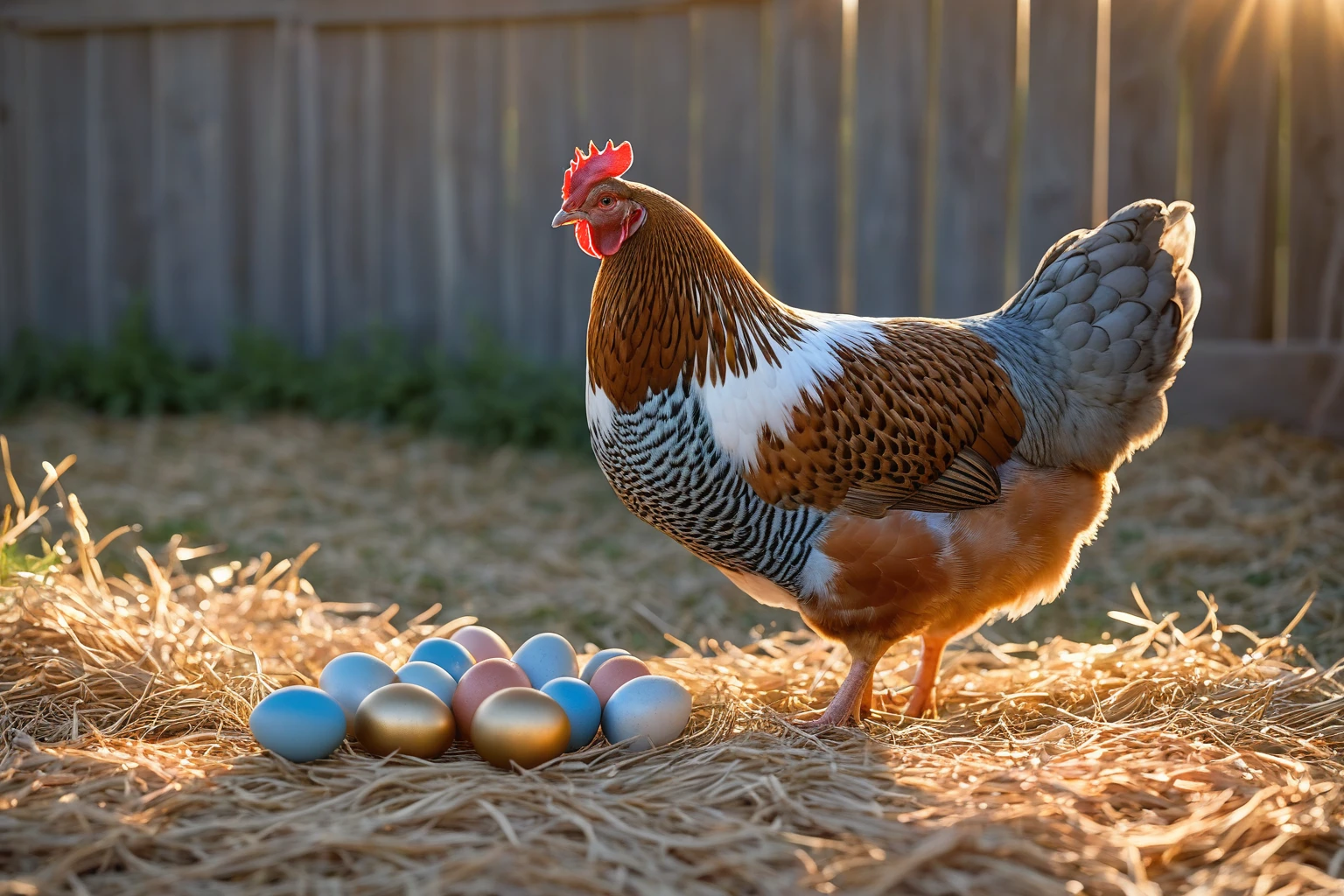AI-generated editorial image of an Easter Egger hen standing on straw beside a clutch of multi-colored eggs