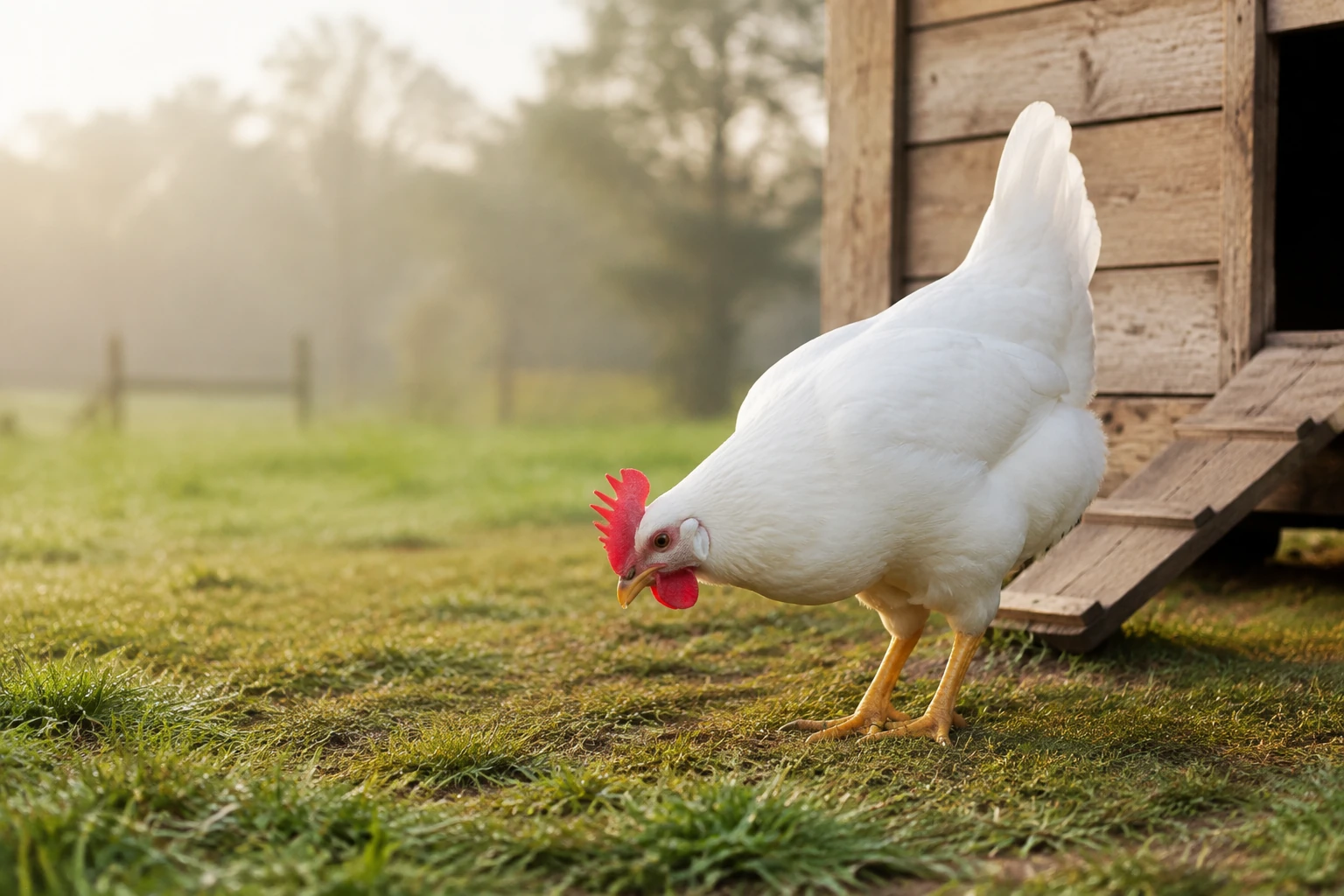 AI-generated editorial image of a white chicken walking beside a wooden coop
