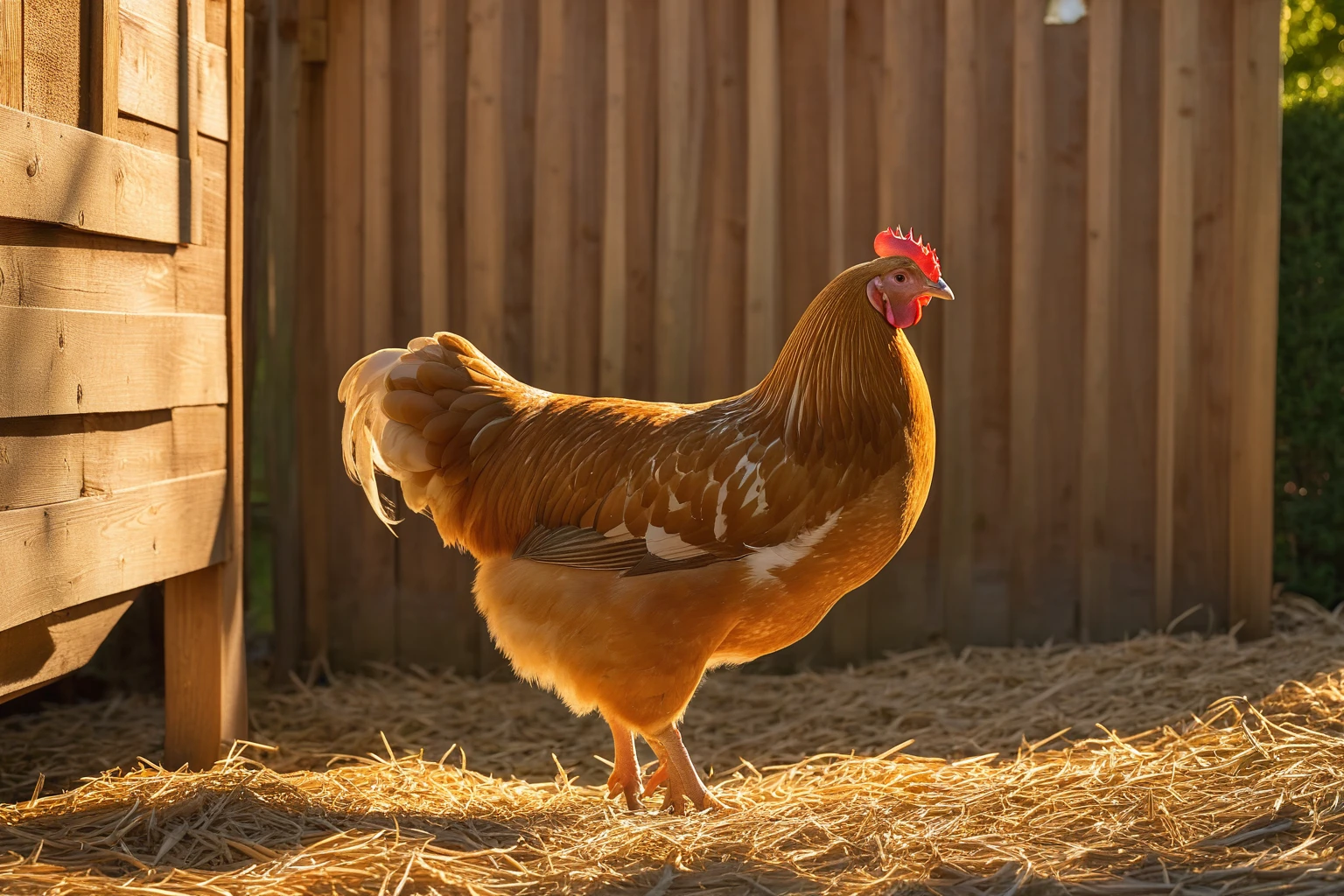 AI-generated editorial image of a Buff Orpington chicken beside a wooden backyard coop
