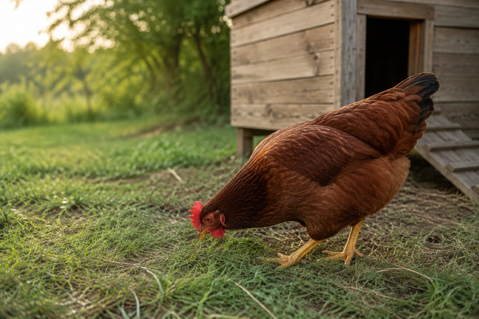 AI-generated editorial image of a deep red chicken standing on grass beside a wooden coop