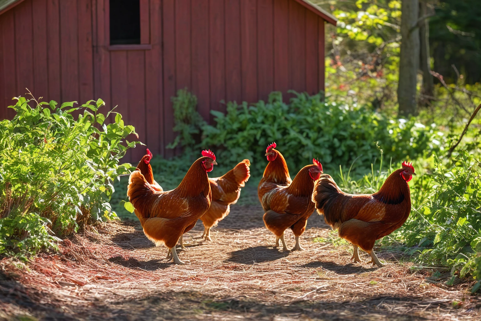 AI-generated editorial image of a flock of Rhode Island Red chickens foraging in a sunlit backyard
