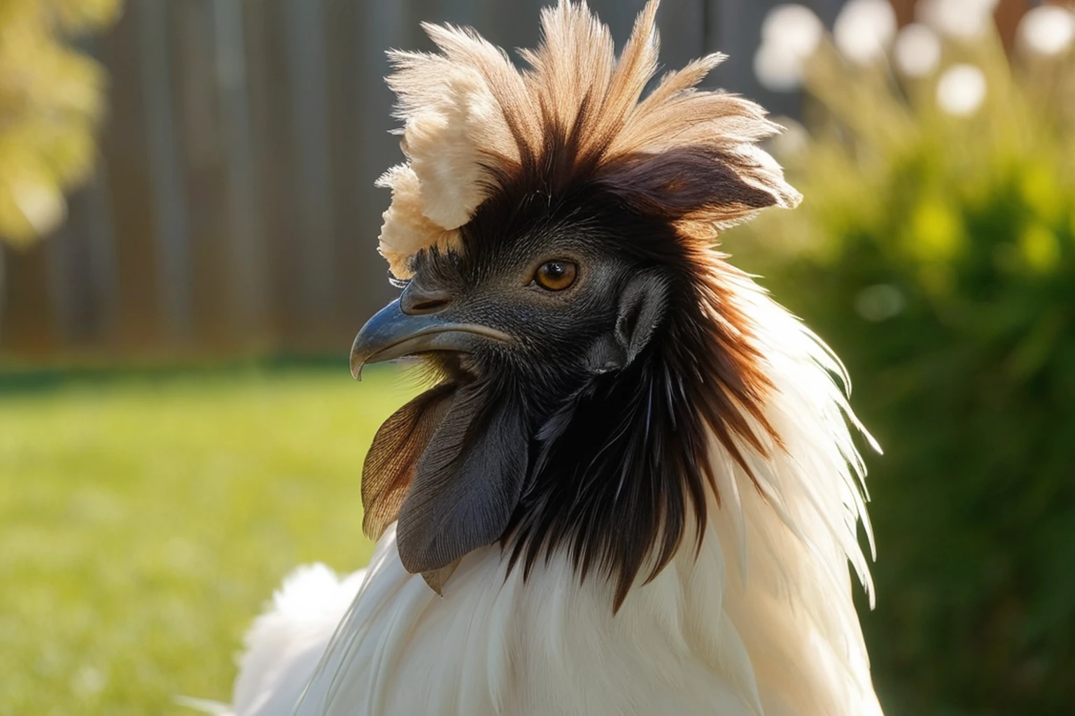 AI-generated editorial image of a Silkie Bantam hen with fluffy plumage, walnut comb, and feathered shanks beside a cream egg