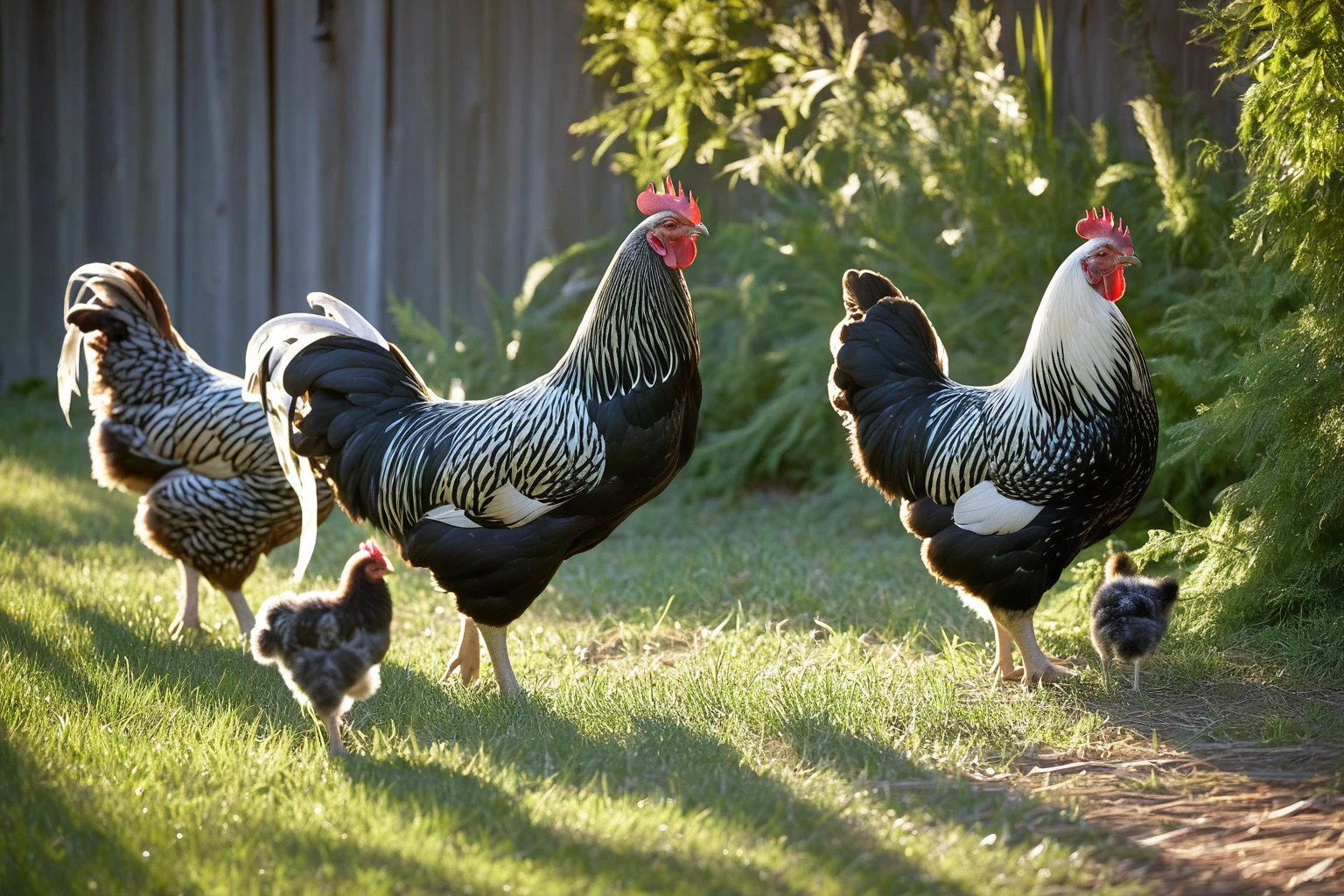 AI-generated editorial image of a Silver Laced Wyandotte flock foraging in a sunlit backyard beside a weathered wood fence